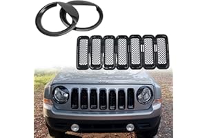 BOLAXIN ABS Bezels Front Light Headlight Cover Angry Bird Style & Mesh Grille Grill Insert Kit Trim For Jeep Patriot Accessories 2011-2017 Jeep Mods Black Decoration (9 PCS)