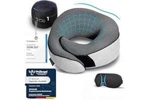 ‎PROGLOBE Proglobe Nackenkissen Flugzeug, Reisekissen 100% Memory Foam, Orthopädisches Nackenhörnchen, Ideal für Reisen mit Flugzeug, Auto, Zug Mit 3D-Schlafmaske, Hochwertige Netztasche, Grau