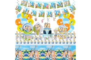 SIDESEA Partygeschirr Geburtstagsdeko, 111 Stück Bluey birthday decorations Party Deko Geburtstag cake topper deko teller pappteller kindergeburtstag luftballons tischdecke geburtstag für 10/20 Personen