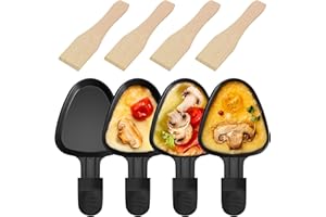 ipow Lot de 4 Poelon Raclette Triangulaire à Revêtement Anti-adhésif,Coupelle Raclette Barbecue Triangle avec Poignée Isolée pour Fromage Fondu Oeuf Frit,Accessoires avec 4 Pcs Pelles en Bois