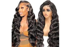 BELUCK 13x4 Perruque Femme Naturelle 180% Densité Perruque Bresilienne Cheveux Humain Lace Wig Human Hair Perruque Sans Colle Bouclée Body Wave Lace Frontal Glueless Wig Human Hair Noir 14 Pouces