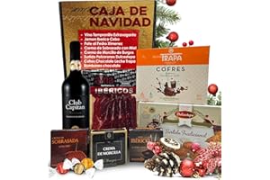 IAMI Cesta Gourmet Navidad M+ | Perfecta para Regalar Navidad y Empresas | Jamón Ibérico de Cebo + Vino Tempranillo + Crema de Morcilla y Crema de Sobrasada + Paté PX + Pack Polvorones + Bombones