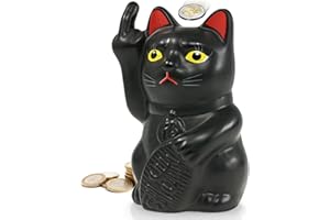 Fluffy Dreams – Hucha Angry Cat con Dedo apestoso, de Gato de ángulo, como Regalo para los Amantes de los Gatos angulares | Color: Negro Mate, tamaño Aprox. 16 cm