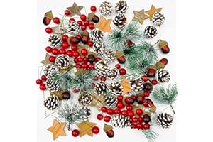 DORCLIFE 108PCS Christmas Wreath Making Decoration Artificial Pine Cone Berry Set Natural Pine Cone Red Holly Berries Pines Branches for DIY Xmas Wreath Decorations Crafts Christmas Tree Ornament