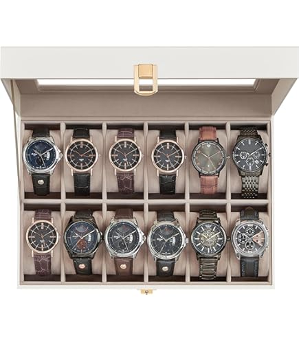 Uten Horlogebox met 12 vakken, horlogekast met gouden slot en sleutel, houten horloge-display opbergdoos met afneembare horlogekussens, fluwelen voering, metalen sluiting, luxe cadeau voor mannen en