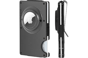 ROSSM Portfel męski z blokadą RFID - Minimalistyczny męski portfel z włókna węglowego i metalu do kart kredytowych z zaciskem i elastyczną opaską do banknotów, Airtag - Gunmetal, Airtag, Nowoczesny