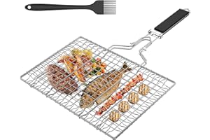 MAMAMAX Panier Grille pour Barbecue Panier de Barbecue en Acier Inoxydable Grille Panier Poisson Barbecue Pliable Portable avec Brosses en Silicone pour Cuisson de Poissons Légumes Crevettes