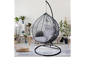 HIRIX Alivio Hanging Egg Chair Basket Chair with Cushions, Swing Egg Chair for Indoor Outdoor Patio Garden 196 x 120cm, Weather Resistant Free Standing Cushion Wicker Rattan Indoor Outdoor - Grey
