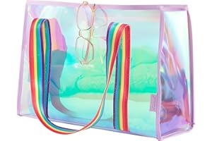 KUAK Large Beach Tote Bags for Women Gorgeous Iridescent Clear Tote Bag Waterproof Sandproof Beach Bag with Inner Waterproof Zipper Pocket, Tip-Proof for Swim, Pool, Travel, Cruise, Boat-Color Strap