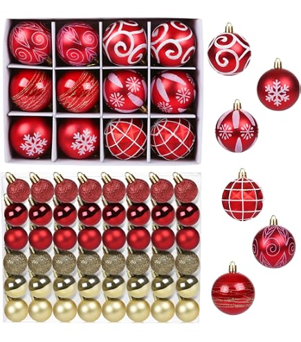 Set 46 Palline Di Natale Rosse E Oro – Decoro Albero Con Stelline E Cervi, Plastica Infrangibile, Misure 3 E 6 Cm, Perfette Per Famiglie Con Bimbi E Animali