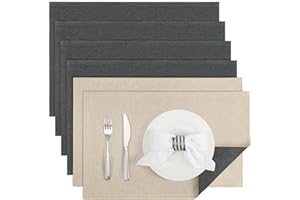 ‎BANCHIF Banchif Platzsets Leinenimitat Tischsets Abwaschbar Tischsets Doppelseitigen Platzsets Stoff Platzdecken maschinenwaschbar 30 x 45 cm (Grau-Beige, Rechteckig Satz von 6)