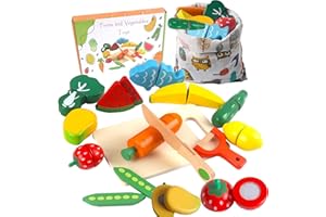 HVDHYY Jeu de Nourriture en Bois pour Enfants, Fruit et Legume Jeux et Jouets de Rôles Cuisine en Bois 2+ Ans Fille et Garçon avec Sac de Rangement Cadeaux de Anniversaire, Journée des Enfants