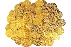 GroveEss 100 Pcs Fake Gold Coins, Plastic Treasure Coin Set, Hunt Game Coins Pretend Play Money Party Favor for Kids Children Pirate Adventure Themed Event Birthday Party Props