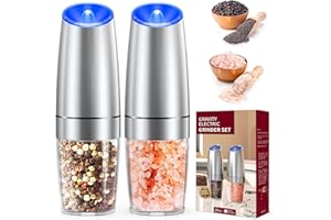 OIDOZAC Gravity Electric Salt and Pepper Grinder Set, Stainless Steel Larger Capacity Automatic Pepper Mill Grinder Shakers, Battery Powered Blue LED Light, Adjustable Coarseness, One Hand Operation, 2 Pack