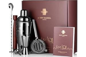 Rusty Barrel Cocktail Kit Modelo Knightsbridge | Coctelera Profesional Negra con Accesorios para Bar | Kit Cocktail, Coctelera para Cócteles, Set Cocteleria | Presentada en Lujosa Caja Regalo