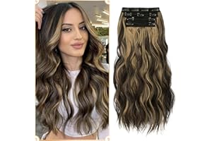 Sofeiyan Extensiones de Clip de Pelo 4PCS Cabello Extensiones Largo Ondulado con Clips Extensiones de Cabello Sintético Trama Encaje Suave Postizo para Mujer 50cm Rubio Caramelo con Reflejos Marrones