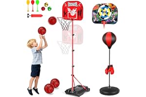 Aragallant 3 en 1 Canasta Baloncesto Infantil, Saco de Boxeo y Dardos mit 2 Baloncesto, Altura Ajustable, Juguetes para Interior y Exterior, Regalos para Niños y Niñas de 3 a 12 Años