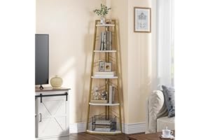YITAHOME Corner Shelf 5 Tiers, Industrial Bookshelf Modern Floorstanding Corner Bookcase Ladder Shelf Wooden Open Display Shelving Unit for Living Room, Hallway, Home Office, Gold Book shelf