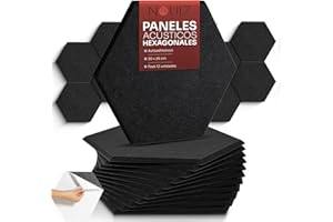 NOUIZ 12pc Paneles Acústicos Decorativos Autoadhesivos para Reducir el Eco y la Reverberación, Tratamiento Acústico Ideal para tu Habitación, Estudio u Oficina (Hexagonales 30x26cm, Color Negro)