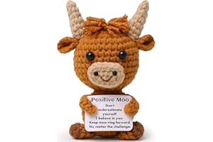 OKIYID Mini Funny Positive Highland Cow, Knitted Wool Cow Toy with Positive Card - Creative Cute Crochet Doll Emotional Support Cheer Up Keepsake Gift for Friends, Women, Student, Christmas