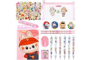 AMAZLUCK Cute Stationary Set, Kawaii School Supplies with Notebook Pencil Case Stickers Ruler Gel Pens Pencils Eraser Sharpener Badges Sticky Note, Back to School Gift for Girls Boys Kids Students(Pink)