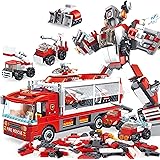 PANLOS 655PCS Building Blocks Model Fire Truck Set, 6 in 1 STEM Building Bricks Playset, Compatible with All Major Brands, Id