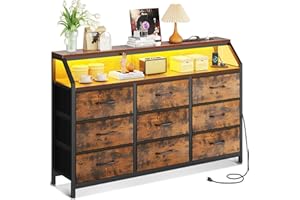 ‎ODK ODK Kommode mit Schubladen, Schubladenschrank mit 2 Steckdosen 2 USB-Anschlüssen und Farbwechselnder LED-Lichtleiste, mit 9 Stoffschubladen, Geeignet für Schlafzimmer, Wohnzimmer, Vintage Farbe