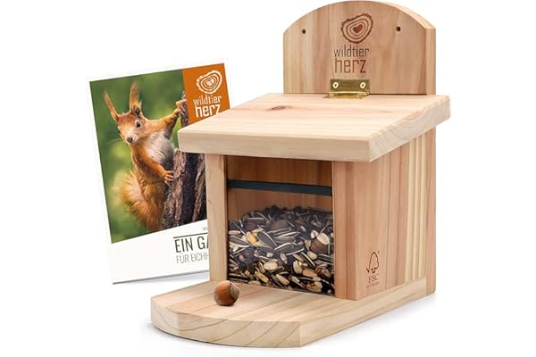 Mangeoire Écureuil en Bois Massif - Distributeur de Nourriture Animaux, Imperméable et Résistant aux Intempéries, Mangeoire pour Ecureuil
