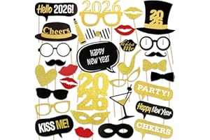 HOWAF Año Nuevo 2026 DIY Photo Booth Props Fotos Accesorios Photocall Nochevieja Incluyendo Bigotes Gafas Pelo Arcos Sombreros para Suministros de Fiestas de Nochevieja Decoración 2026, 31 Piezas
