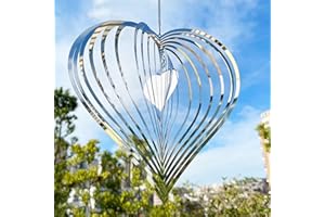 SENEMO Windspiel Edelstahl Indoor Outdoor Decor Party Kinetic Yard Art Dekorationen Lasergeschnittenes 3D-Herz 360 Grad hängendes Metall-Windspiel, 25cm, HB49-03