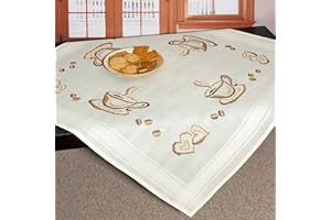 TISCHDECKENSHOP24 Kit de broderie PAUSE-CAFÈ / kit complet avec nappe pour broderie au point compté / kit de broderie au point compté sur toile à broder pour adulte / broderie au point de croix.