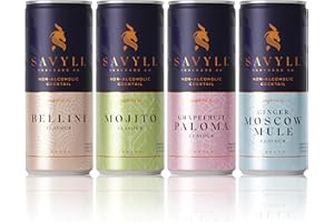 Savyll Collection | Non Alcoholic Cocktails | Natural Ingredients | Low Calories | 4 x 250ml Cans | Includes: Peach Bellini, Lime Mojito, Grapefruit Paloma, and Ginger Moscow Mule