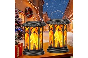 BUCASA Solarlampen für Außen Hängend, 2 Stück Vintage Solar Laternen für Draußen Fackeln, Solarleuchten für Außen mit Realistischen Flammeneffekt, Weihnachtslaterne Balkon Tisch Garten Halloween Deko