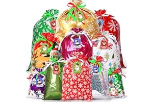 AhfuLife 32 Piezas Bolsas de Regalo con Cordón de Navidad, 5 Tamaños Reutilizables Bolsas De Regalo para Navidad con 32 Etiquetas de Navideñas, Regalos, Golosinas y Decora Fiestas Navidad