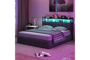 BRILVERDE Letto imbottito 160x200 con Contenitore idraulico, Letto matrimoniale a LED con USB, Funzionale con testiera, Struttura letto con rete a doghe, Lino (Grigio, 160 x 200 cm)