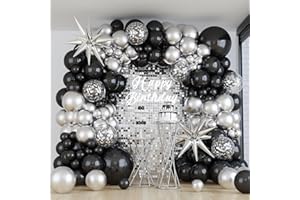 PAEYEQ Black and Silver Balloon Garland Arch Kit with 3pcs Star Balloons, Silver and Black Balloon Confetti Latex Balloons for Birthday Wedding Graduation Baby Shower Disco Anniversary Party Decorations