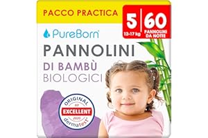 ‎PUREBORN PureBorn Bio Bambus Nachtwindeln, Größe 5 (12-17 kg), 60 Stück Pyjama Windeln Pants, Auslaufschutz für die ganze Nacht, Extra Absorption, Geruchsschutz, Höschenwindeln mit Nässeindikator