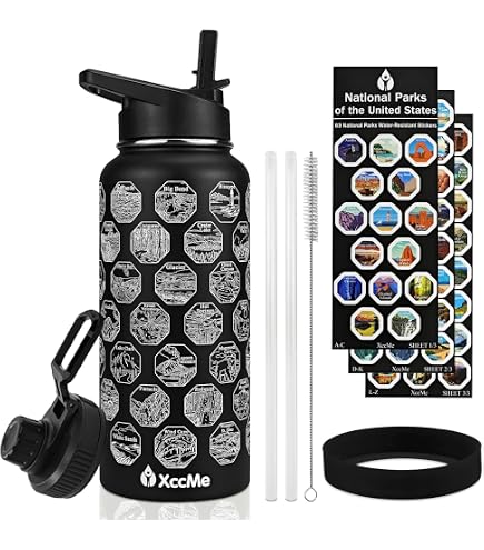 Wondery National Parks Wasserflasche – 900 Ml, Edelstahl, Mit 63 Wasserdichten Aufklebern
