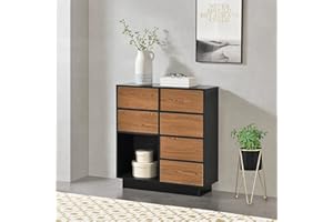 [en.casa] Mobile per Soggiorno/Ingresso/Ufficio con 6 Armadietti e 1 Scomparto Aperto, Comò 88x80x30cm (AxLaxP) Mobile a Terra con Ante Apertura a Pressione Push-to-Open - Nero/Effetto Legno