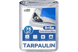 COVALL presenning 5 x 5 m – 75 g/m² vattentät presenning av PE, silver/blå dubbelsidig, UV- och slitstark, med förstärkta ölj