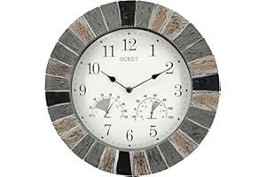 OCEST Robuste Gartenuhren für den Außenbereich, Outdoor wasserdicht, 33 cm große Kunstharz-Wanduhr mit Thermometer und Hygrometer, batteriebetrieben,dekorative Uhren für Terrasse, Pool Outdoor