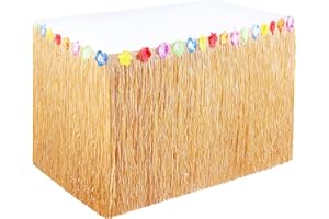 PHOGARY Luau Grass Table Skirt w/Hibiscus Flowers for Hawaiian Party Decorations, 9ft x 29in Fake Grass Fringe for Tiki Hut Bar Tropical Bridal Shower, Summer Island Beach Party