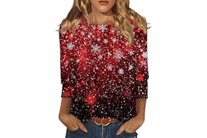 DHYUEN Weihnachtspullover Damen Weihnachten Rentier 3/4 Arm Shirt Pullover Rundhals Grubenstreifen Sweatshirt Sportshirt Modisches Elegant Weihnachtspulli Merry Christmas Glitzer Oberteile Tshirt