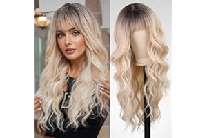 WOKESTAR Długie Falowane Blond Peruki z Pasemkami dla Kobiet, Odporne na Ciepło Naturalne Włosy z Schludną Grzywką