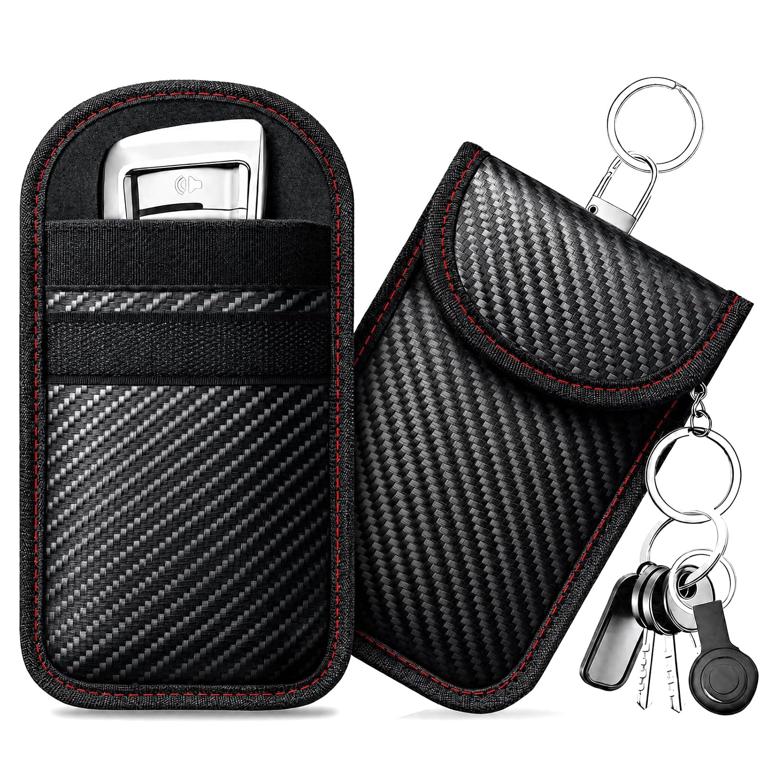 caslord Faraday-etui voor autosleutels, 2 stuks antidiefstal RFID-sleutelhangers beschermhoes met 4 sleutelhangers voor autobeveiliging, sleutelloze toegangscase voor autosleutels, M-Rood+Rood