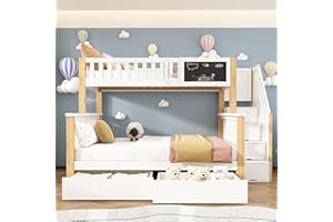 ‎JOVIFY Etagenbett Kinderbett 90x200 & 140x200 für 3 Kinder, Hochbett mit 2 Schubladen und 4 Speicherung Treppe, Funktionsbett mit Rausfallschutz & Lattenrost, Stockbett Jugendbett, Ohne Matratze, Weiß+Eiche