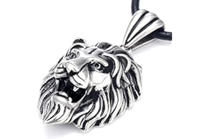DonDon Collier Homme en Cuir avec Pendentif Lion en Acier Inoxydable dans Une Pochette en Velours