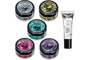 Biologisch abbaubarer Öko-Glitter von Moon Glitter - 100% kosmetischer Bio-Glitter für Gesicht, Körper, Nägel, Haare und Lippen - 5er-Set á 3g - plus Glitter-Fixierungsgel