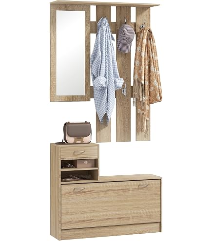 Penderie Carlton Set 4 - Meuble D'entrée Avec Porte-manteaux Et Commode - Design Anthracite/chêne - Système Push-to-Open Sans Poignée