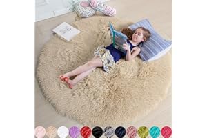 Amdrebio Beige Round Rug - Fluffy Circle Carpet for Bedroom, Kids Room, Teen's Room, Nursery, Dorm - 5'x5' Shaggy Plush Fuzzy Carpet for Reading